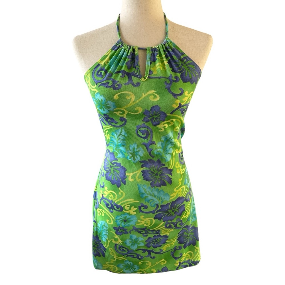 Vintage mini dress with Hawaiian print halter tie back